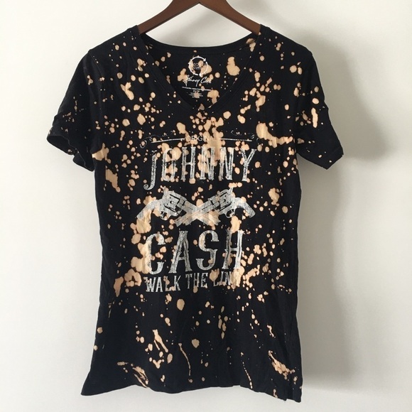 Project Karma Johnny Cash Homemade Bleached T-Shirt V-Neck Women's Black Size XS - Picture 3 of 6